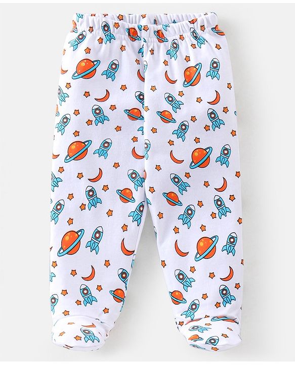 Babyhug Cotton Knit Footed Bootie Leggings Space Printed Pack of 3  - Blue & Orange