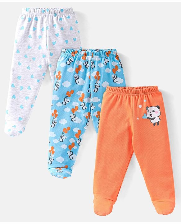 Babyhug Cotton Footed Bootie Leggings Striped & Panda Print Pack of 3 - White Blue & Orange