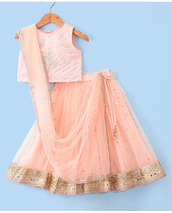 Babyhug Woven Sleeveless Choli and Sequined Lehenga with Dupatta - Peach
