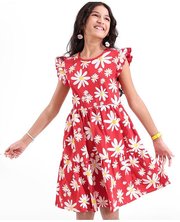 Pine Kids All Over Floral Printed Cap Sleeves Frock - Bittersweet