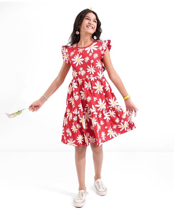 Pine Kids All Over Floral Printed Cap Sleeves Frock - Bittersweet