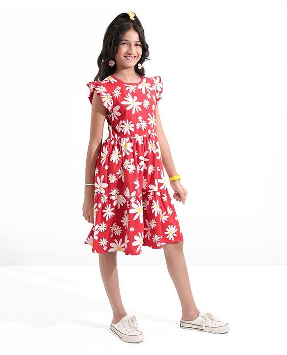 Pine Kids All Over Floral Printed Cap Sleeves Frock - Bittersweet