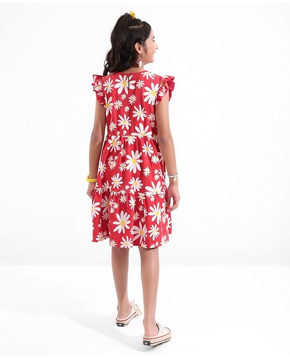 Pine Kids All Over Floral Printed Cap Sleeves Frock - Bittersweet