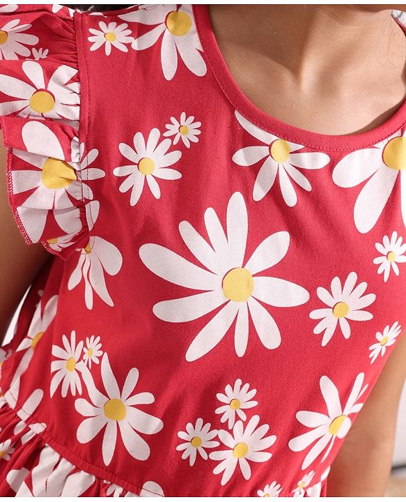 Pine Kids All Over Floral Printed Cap Sleeves Frock - Bittersweet