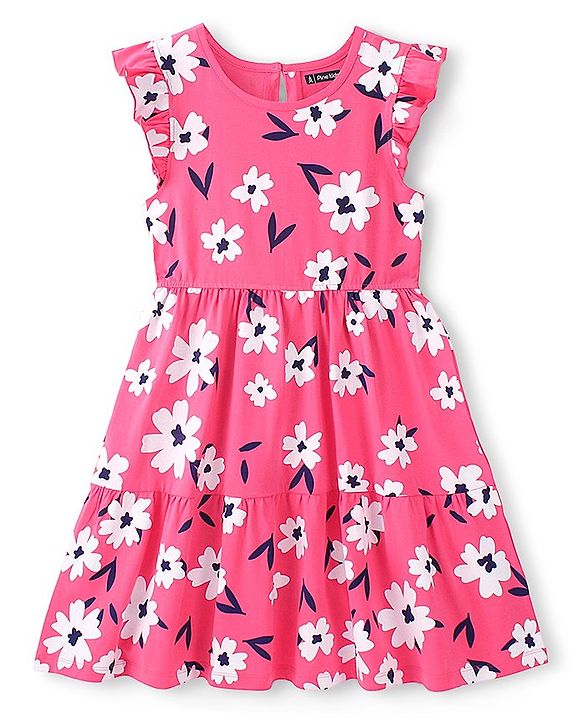 Pine Kids 100% Cotton Knit Frill Sleeves Floral Print Dress - Pink