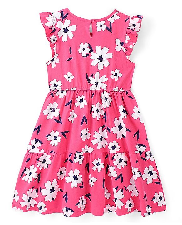Pine Kids 100% Cotton Knit Frill Sleeves Floral Print Dress - Pink
