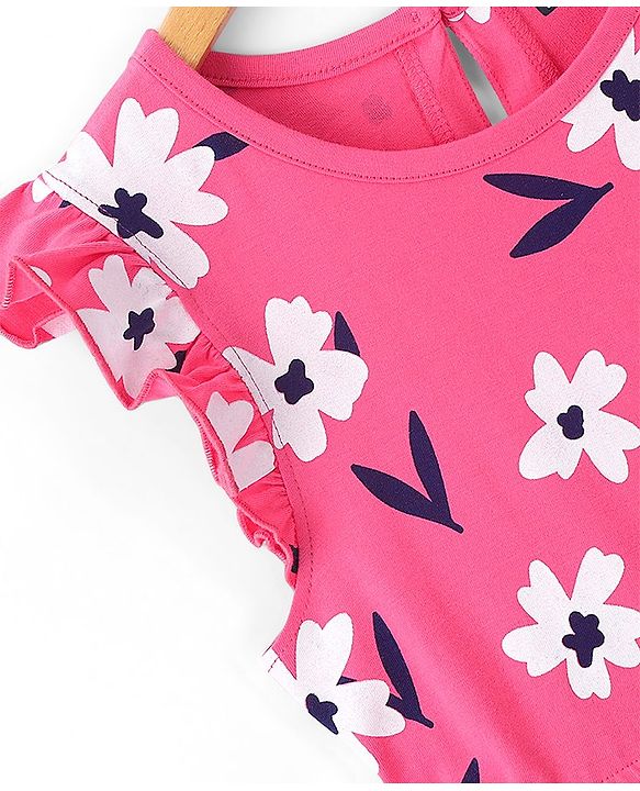 Pine Kids 100% Cotton Knit Frill Sleeves Floral Print Dress - Pink