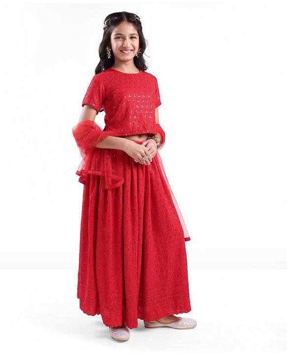 Pine Kids Half Sleeves All Over Embroidered Lehenga Choli Set With Dupatta - Red