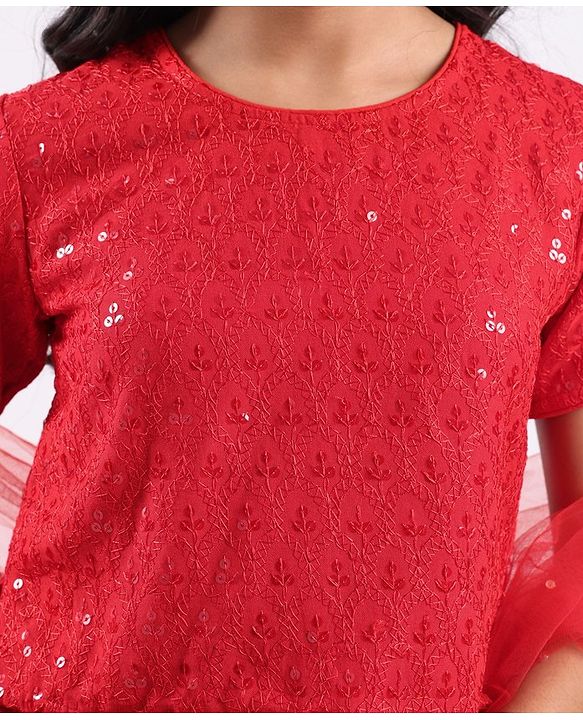 Pine Kids Half Sleeves All Over Embroidered Lehenga Choli Set With Dupatta - Red