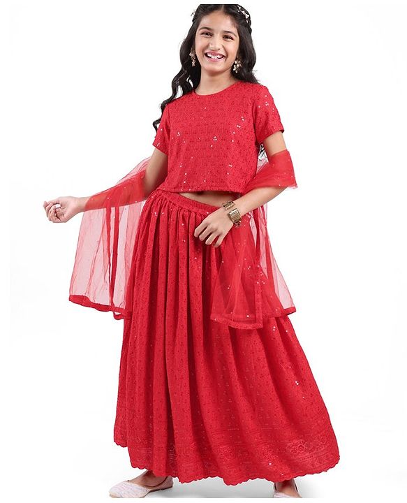 Pine Kids Half Sleeves All Over Embroidered Lehenga Choli Set With Dupatta - Red