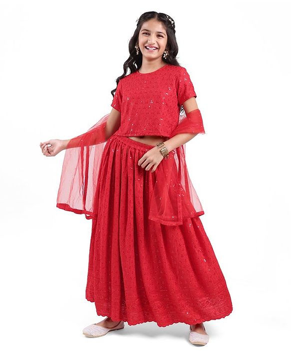 Pine Kids Half Sleeves All Over Embroidered Lehenga Choli Set With Dupatta - Red