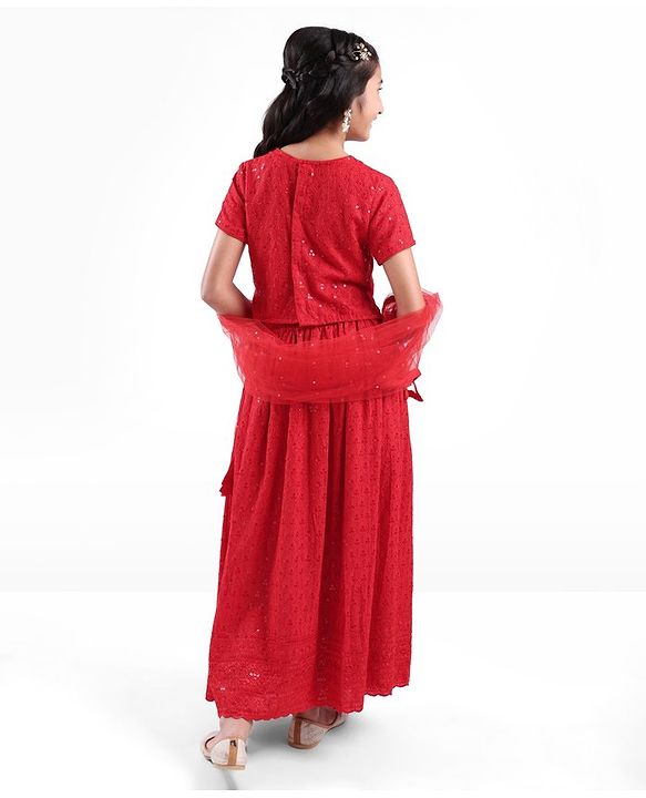 Pine Kids Half Sleeves All Over Embroidered Lehenga Choli Set With Dupatta - Red