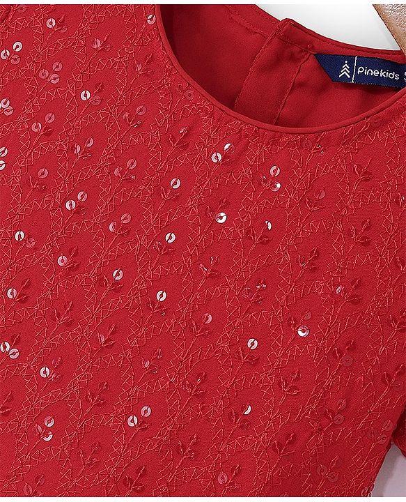 Pine Kids Half Sleeves All Over Embroidered Lehenga Choli Set With Dupatta - Red