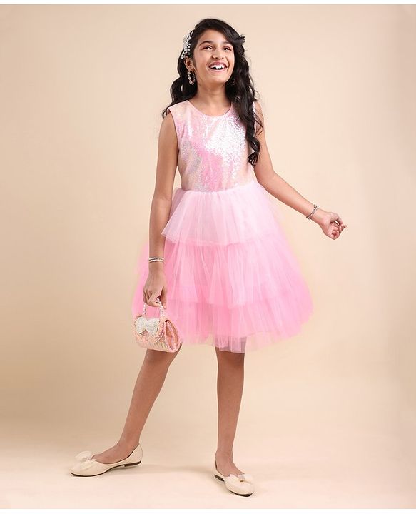 Pine Kids Sleeveless Party Wear Flared Frock with Sequence Detailing - Pink