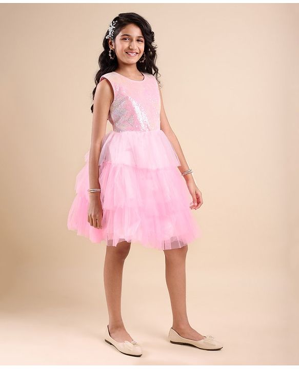 Pine Kids Sleeveless Party Wear Flared Frock with Sequence Detailing - Pink