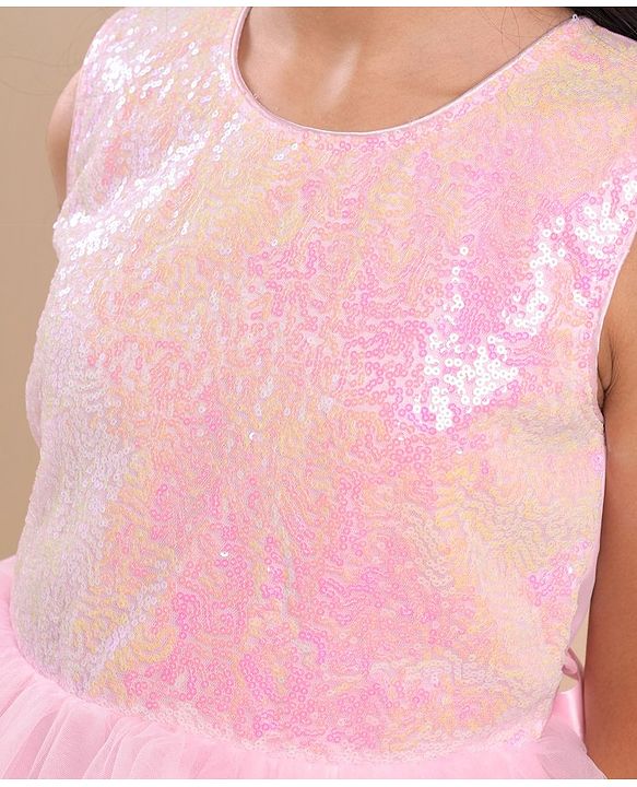 Pine Kids Sleeveless Party Wear Flared Frock with Sequence Detailing - Pink