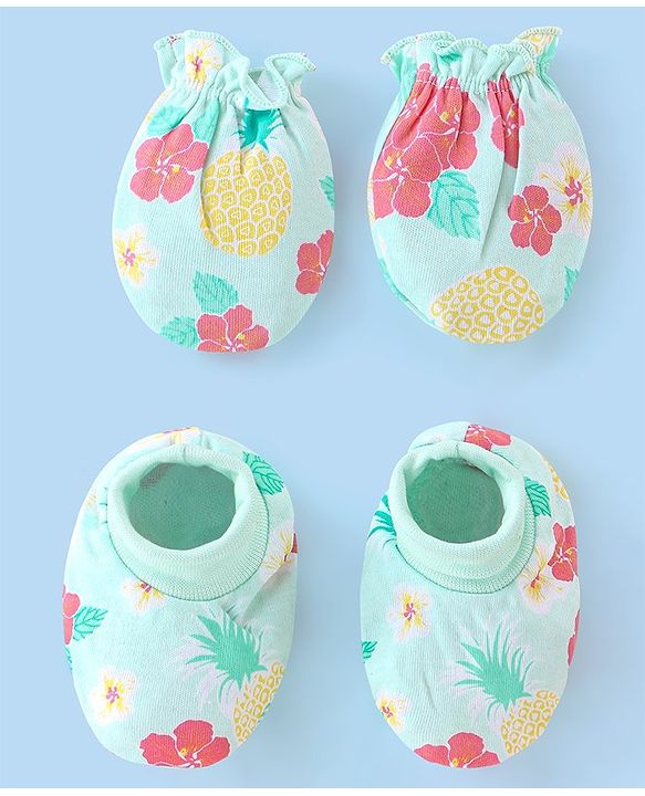 Babyhug 100% Cotton Knit Floral Printed Mittens & Booties - Blue