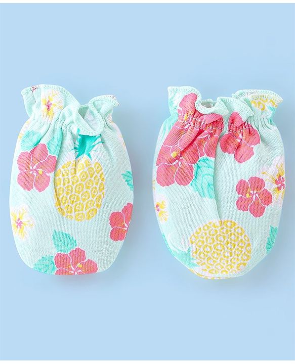 Babyhug 100% Cotton Knit Floral Printed Mittens & Booties - Blue