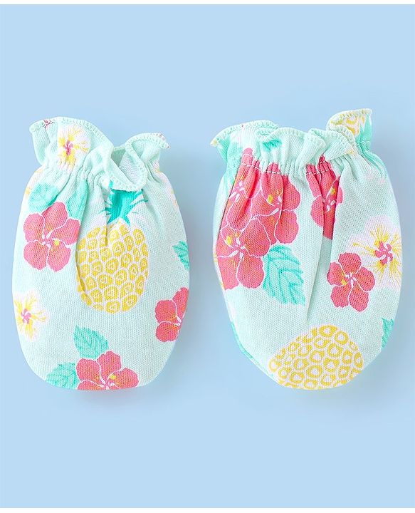 Babyhug 100% Cotton Knit Floral Printed Mittens & Booties - Blue