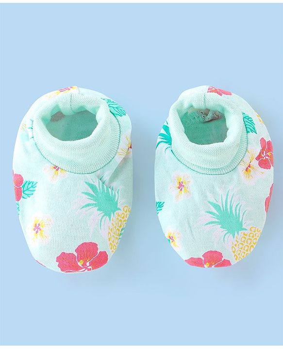 Babyhug 100% Cotton Knit Floral Printed Mittens & Booties - Blue