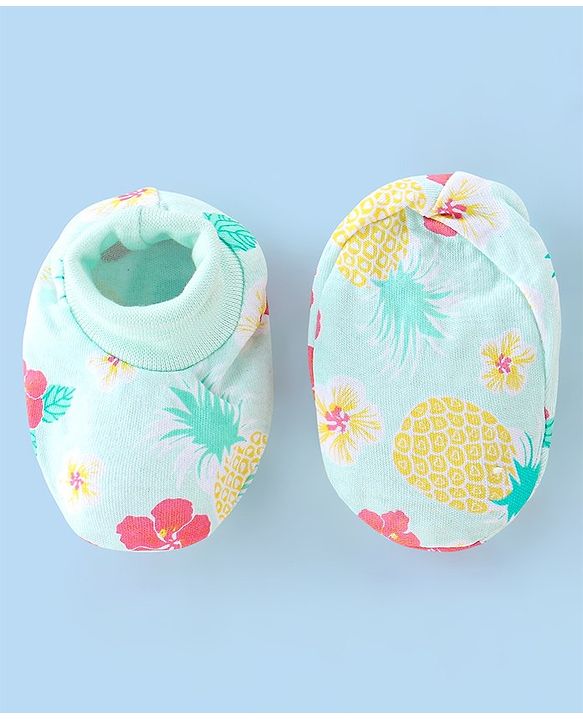 Babyhug 100% Cotton Knit Floral Printed Mittens & Booties - Blue