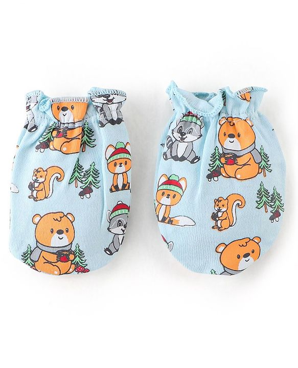 Babyhug 100% Cotton Knit Bear Printed Mittens & Booties - Blue