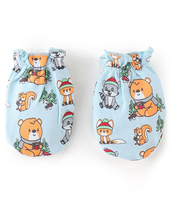 Babyhug 100% Cotton Knit Bear Printed Mittens & Booties - Blue
