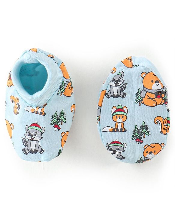Babyhug 100% Cotton Knit Bear Printed Mittens & Booties - Blue