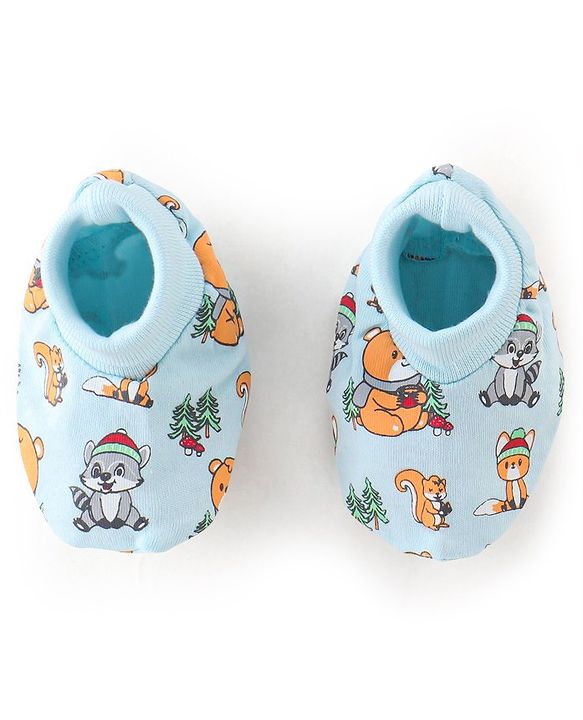 Babyhug 100% Cotton Knit Bear Printed Mittens & Booties - Blue