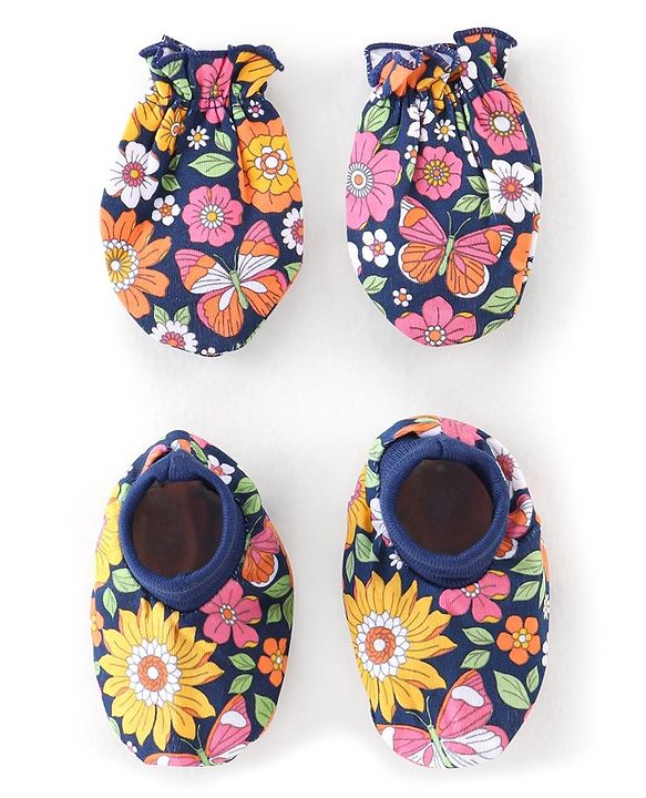 Babyhug 100% Cotton Knit Floral Printed Mittens & Booties - Navy Blue