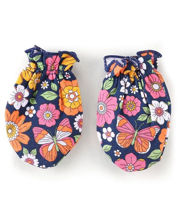 Babyhug 100% Cotton Knit Floral Printed Mittens & Booties - Navy Blue