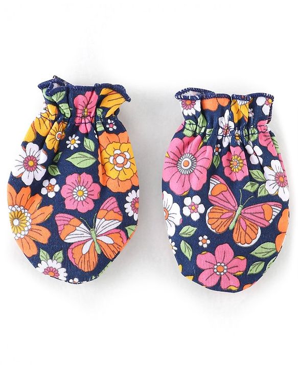 Babyhug 100% Cotton Knit Floral Printed Mittens & Booties - Navy Blue