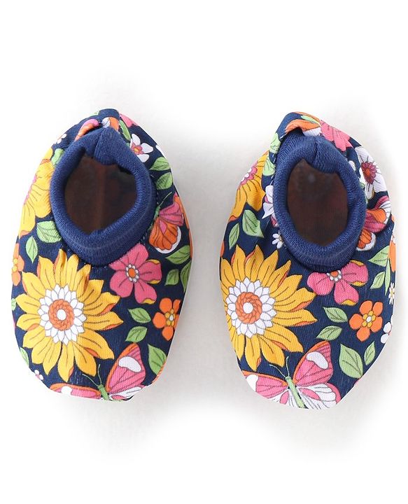Babyhug 100% Cotton Knit Floral Printed Mittens & Booties - Navy Blue