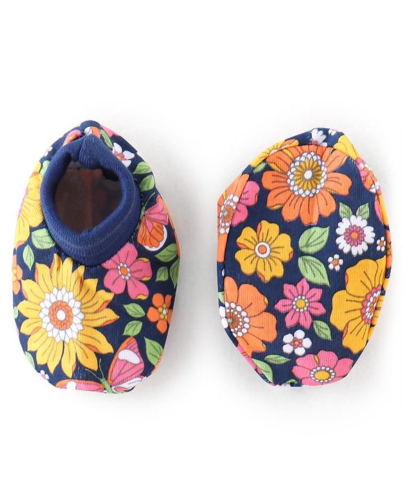 Babyhug 100% Cotton Knit Floral Printed Mittens & Booties - Navy Blue
