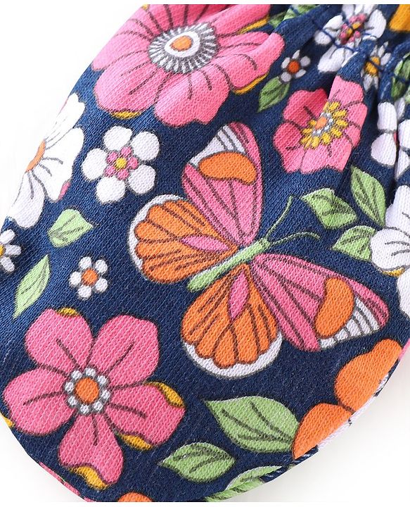Babyhug 100% Cotton Knit Floral Printed Mittens & Booties - Navy Blue