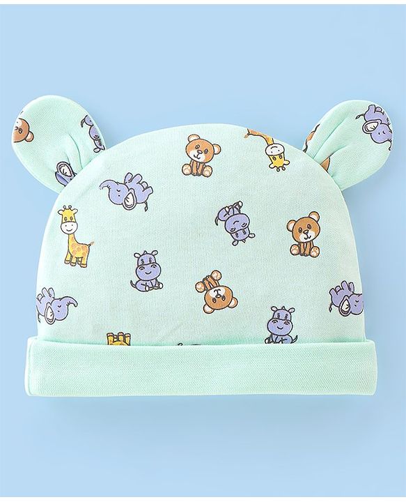 Babyhug 100% Cotton Free Size Cap With Animals Print - Sea Green