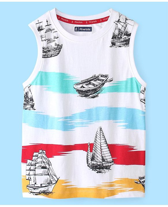 Pine Kids 100% Cotton Knit Sleeveless T-Shirt Ship Print - Snow White