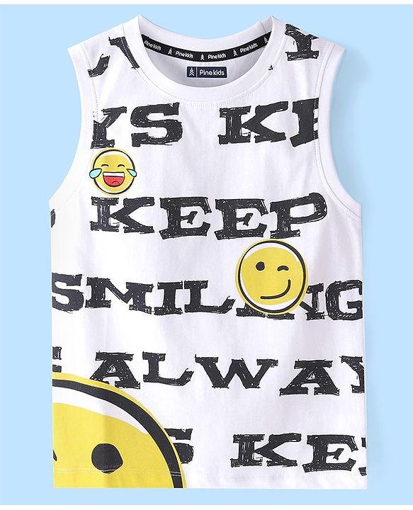 Pine Kids 100% Cotton Sleeveless T-Shirt with Text Print - Snow White