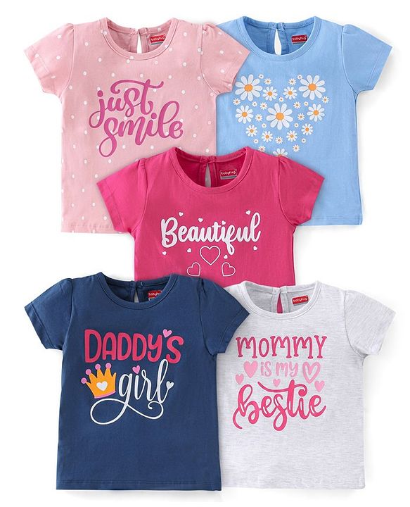 Babyhug 100% Cotton Knit Half Sleeves Tee With Floral & Text Graphics Pack of 5- Pink Grey & Blue