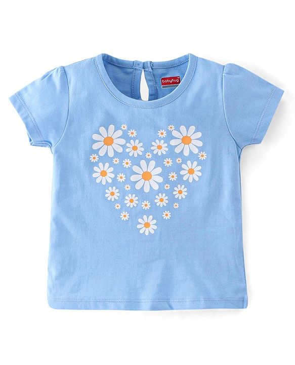 Babyhug 100% Cotton Knit Half Sleeves Tee With Floral & Text Graphics Pack of 5- Pink Grey & Blue