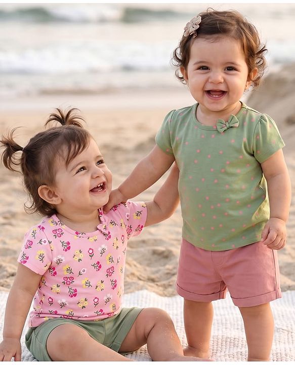 Babyhug 100% Cotton Knit Half Sleeves Top Floral Print Pack Of 2 - Multicolor