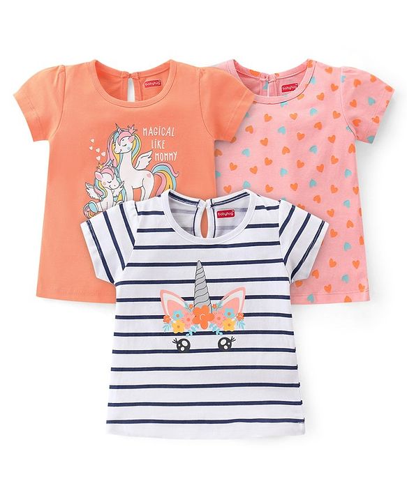 Babyhug 100% Cotton Knit Half Sleeves T-Shirts With Stripe & Unicorn Graphics Design Pack of 3 - Multicolor