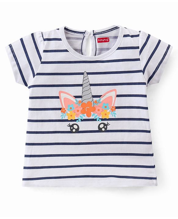 Babyhug 100% Cotton Knit Half Sleeves T-Shirts With Stripe & Unicorn Graphics Design Pack of 3 - Multicolor