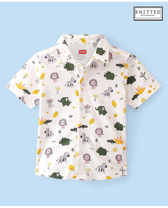 Babyhug 100% Cotton Knit Half Sleeve Shirt With Animals Print - White