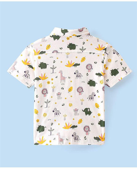 Babyhug 100% Cotton Knit Half Sleeve Shirt With Animals Print - White