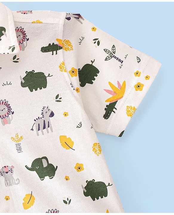 Babyhug 100% Cotton Knit Half Sleeve Shirt With Animals Print - White