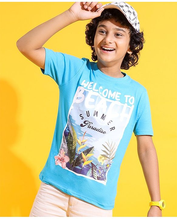 Pine Kids Cotton Knit Half Sleeves T-Shirts Beach Print- Blue