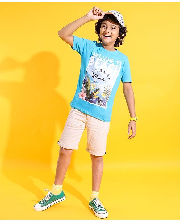 Pine Kids Cotton Knit Half Sleeves T-Shirts Beach Print- Blue