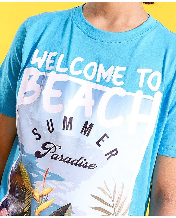Pine Kids Cotton Knit Half Sleeves T-Shirts Beach Print- Blue