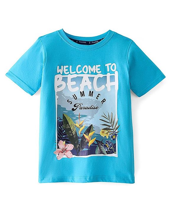 Pine Kids Cotton Knit Half Sleeves T-Shirts Beach Print- Blue
